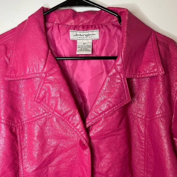 Hot pink crinkled vegan leather pointed collar button down pockets trench coat! - Picture 2 of 14